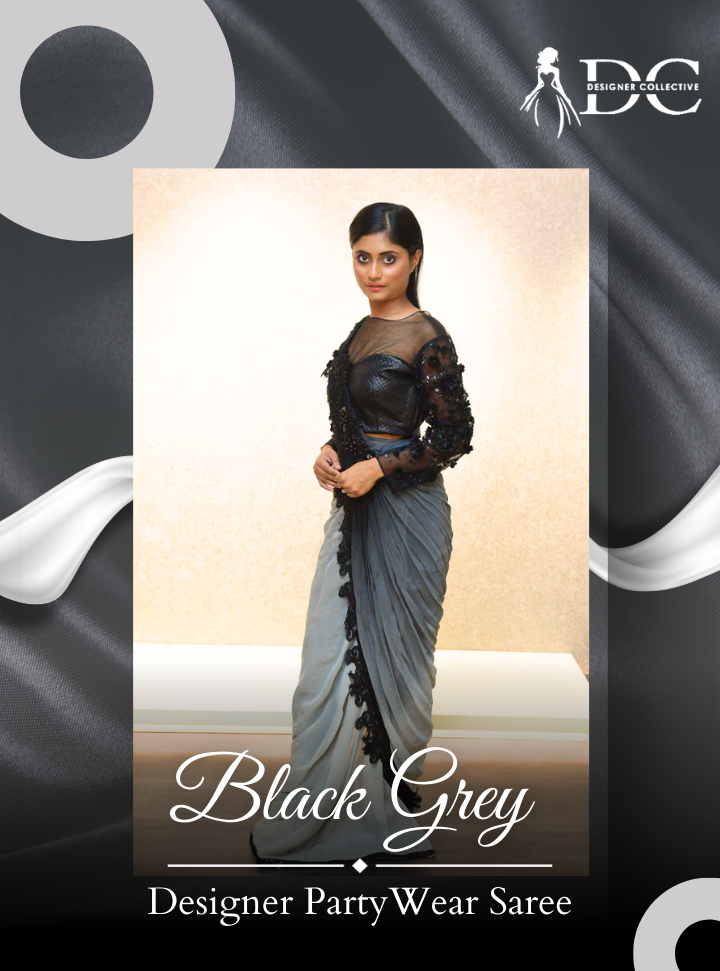 Black Grey Designer Party Wear Saree : Designer Collective