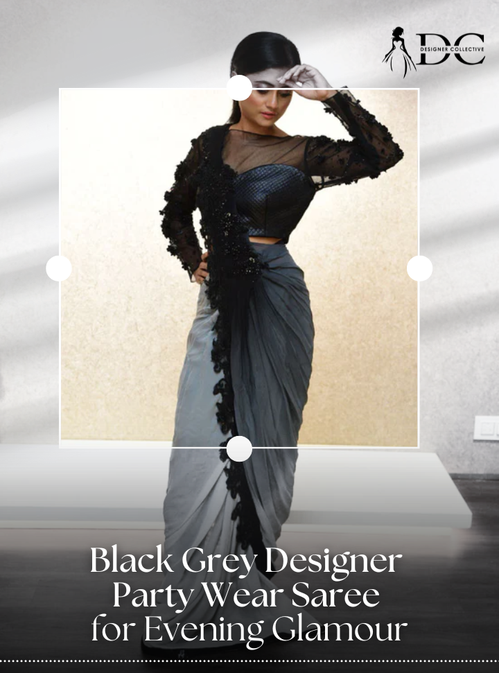 Black Grey Designer Party Wear Saree : Designer Collective