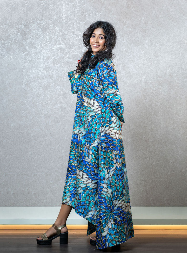 Wings printed blue long dress : Designer Collective