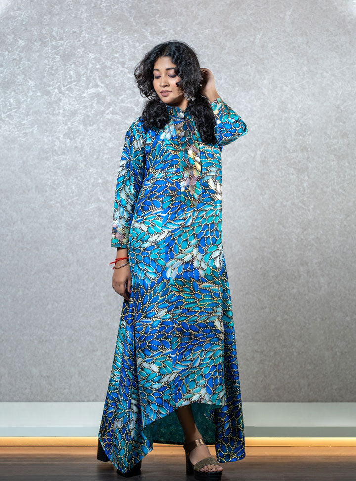 Wings printed blue long dress : Designer Collective