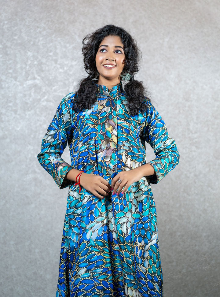 Wings printed blue long dress : Designer Collective