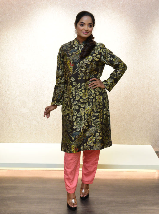 Black peacock printed high-neck kurti : Designer Collective