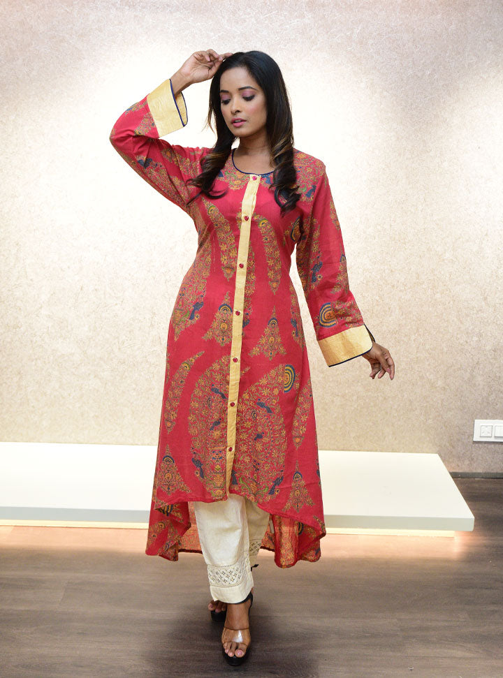 Red printed A-line long kurti : Designer Collective