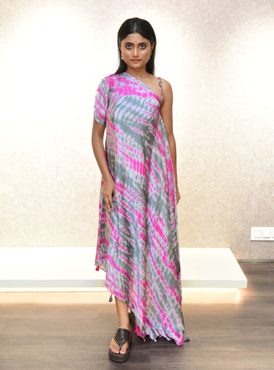 Pink and grey single shoulder 1pc long dress : Designer Collective