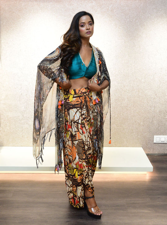 Multi colored printed 3 pc dhoti set for women : Designer Collective