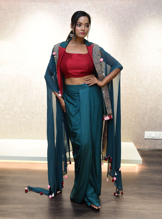 Red and Green women stylish 3pc designer outfit : Designer Collective