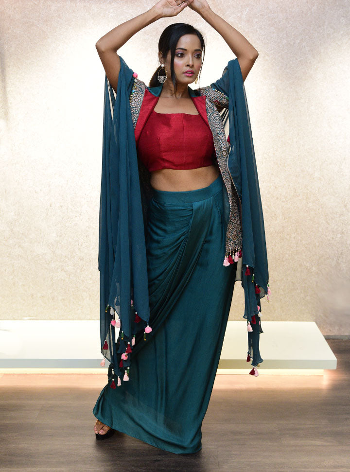 Red and Green women stylish 3pc designer outfit : Designer Collective