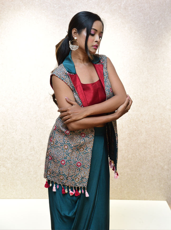 Red and Green women stylish 3pc designer outfit : Designer Collective