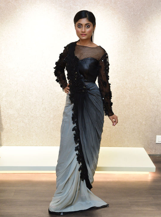 Black grey designer party wear saree : Designer Collective