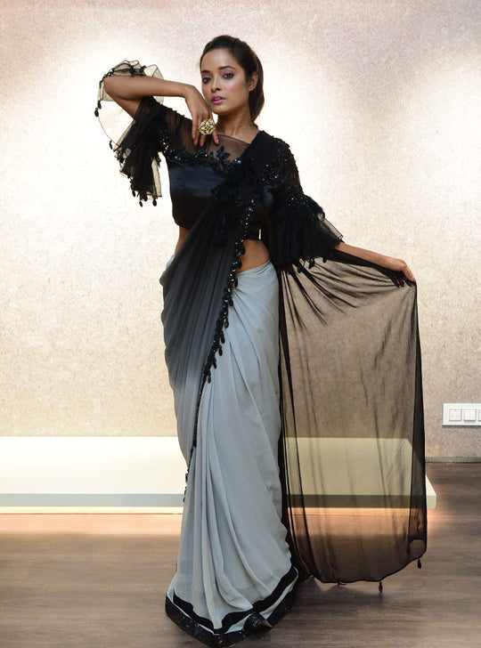 Grey and black designer party wear saree with blouse : Designer Collective