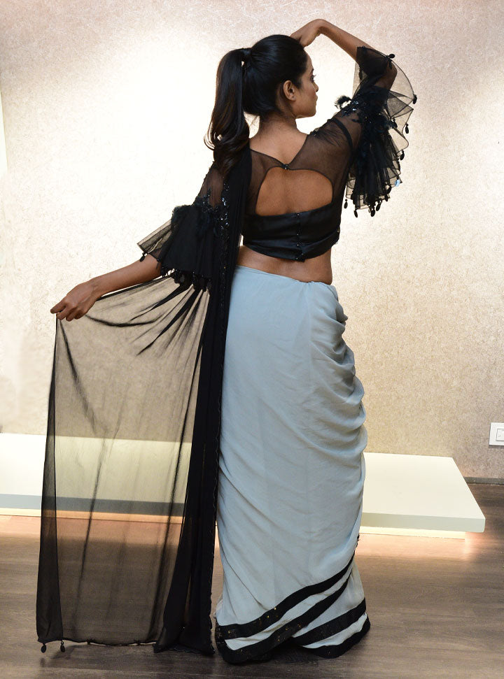 Grey and black designer party wear saree with blouse : Designer Collective