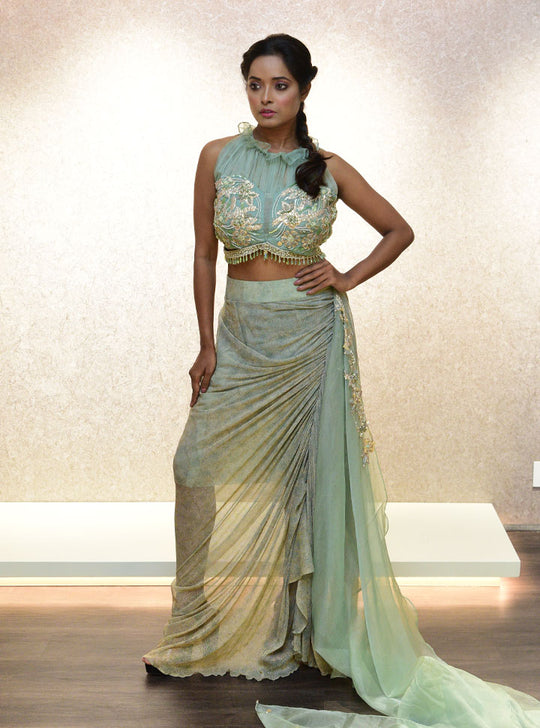 Pastel blue designer long party wear dress : Designer Collective