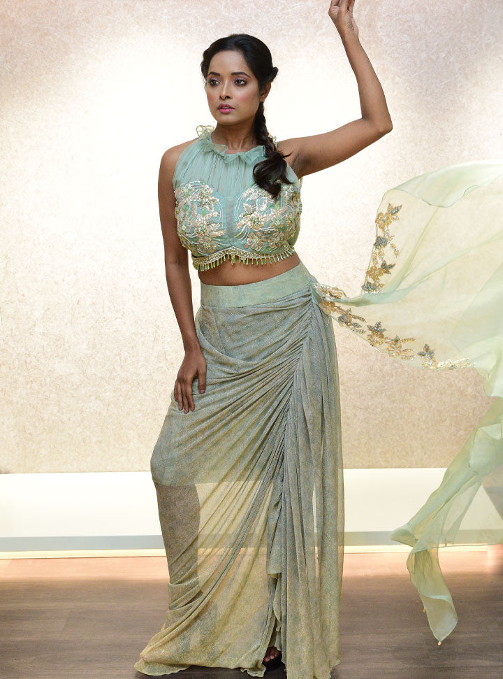 Pastel blue designer long party wear dress : Designer Collective