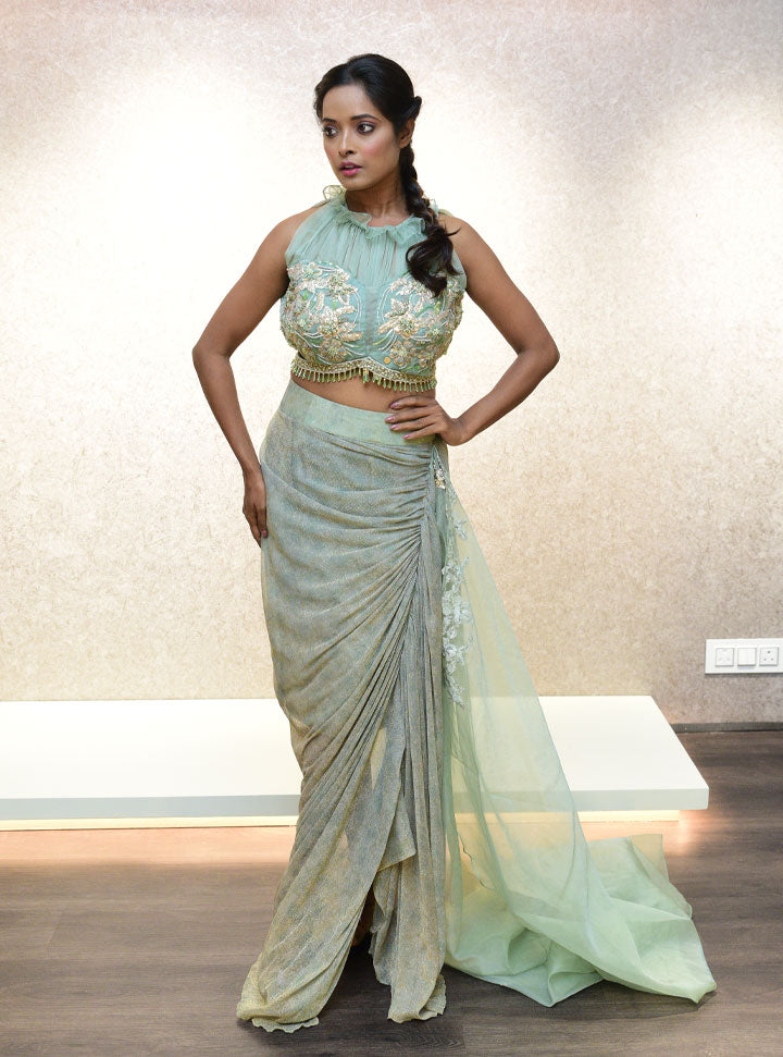 Pastel blue designer long party wear dress : Designer Collective