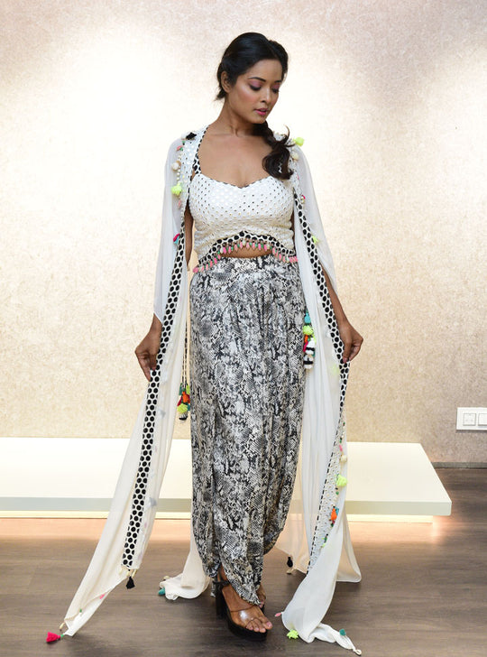 White and Black women 3pc designer Dhoti set : Designer Collective