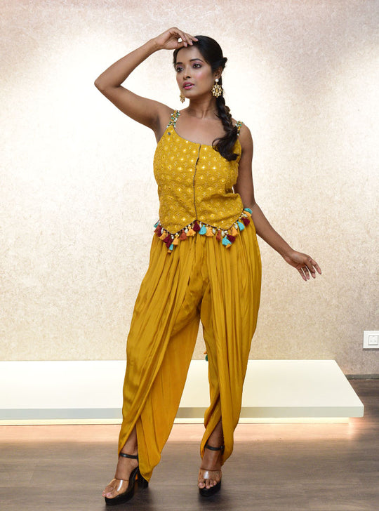 Mustard yellow women 3pc dhoti dress : Designer Collective