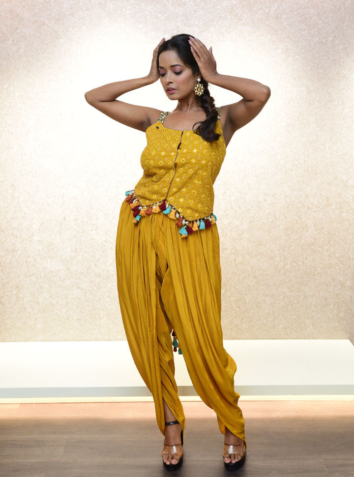 Mustard yellow women 3pc dhoti dress : Designer Collective
