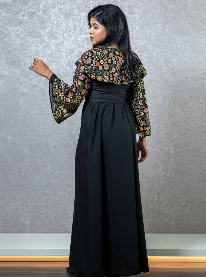 Floral Printed long black dress : Designer Collective