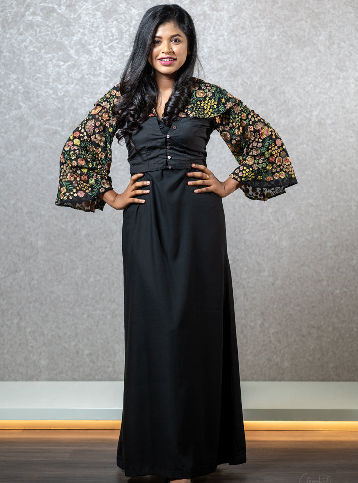 Floral Printed long black dress : Designer Collective