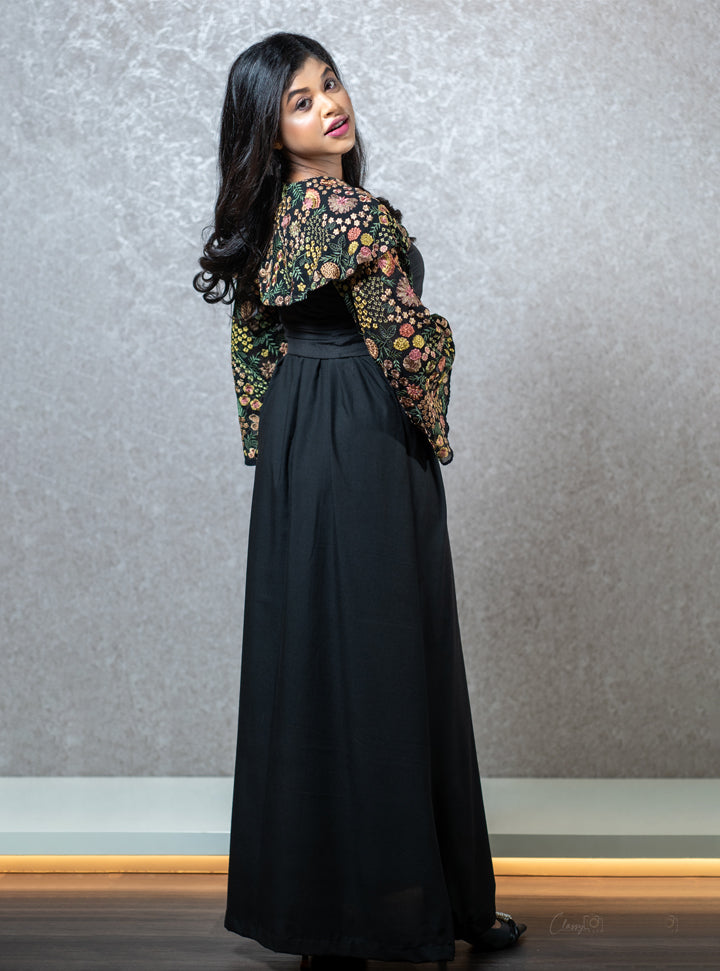 Floral Printed long black dress : Designer Collective