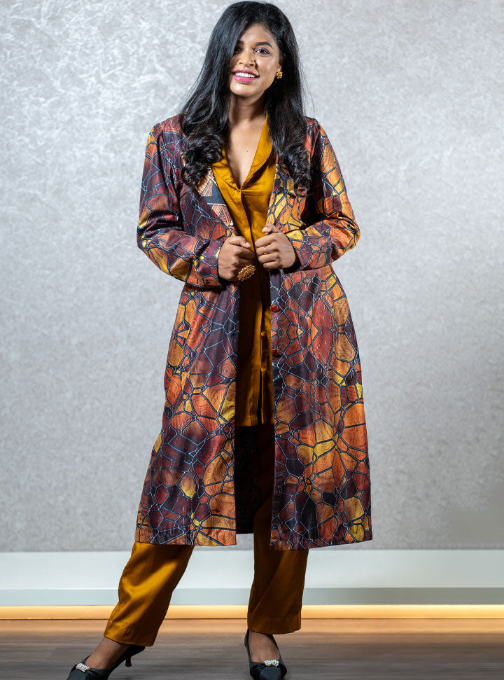 Golden top-bottom set with printed long jacket : Designer Collective
