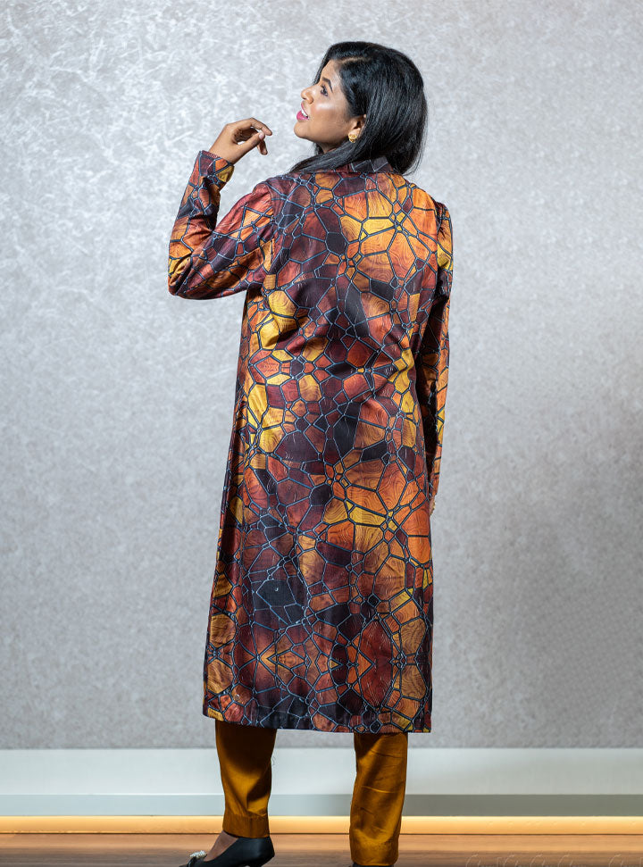 Golden top-bottom set with printed long jacket : Designer Collective