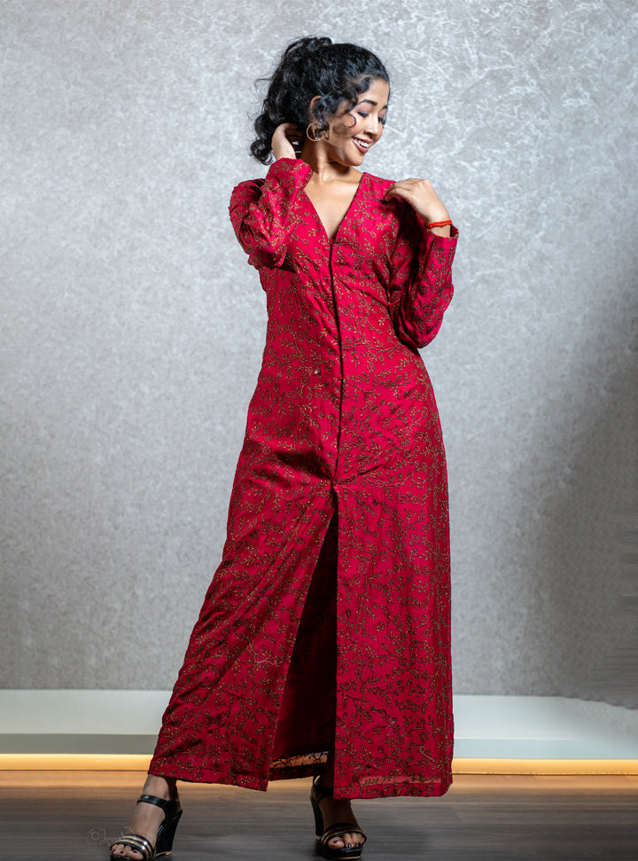 Red front cut long dress