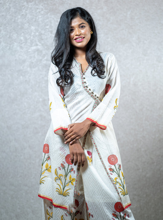 White floral printed layered kurti : Designer Collective