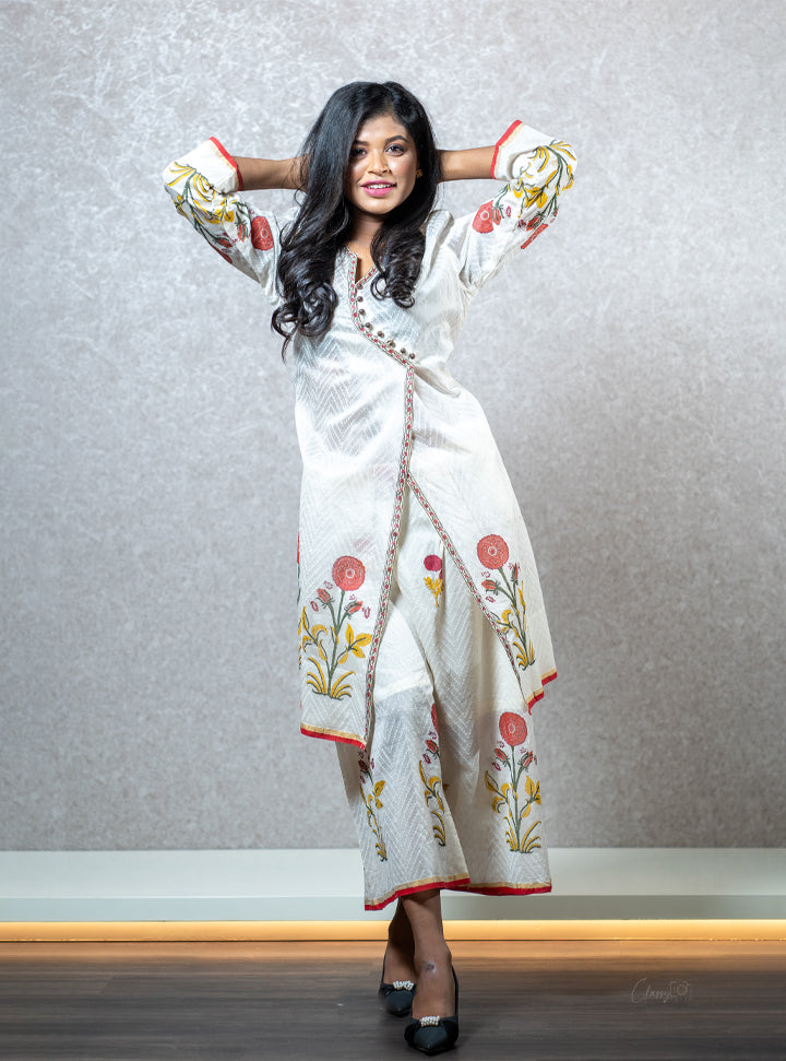White floral printed layered kurti : Designer Collective