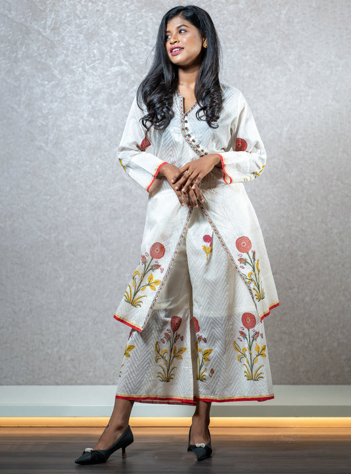 White floral printed layered kurti : Designer Collective