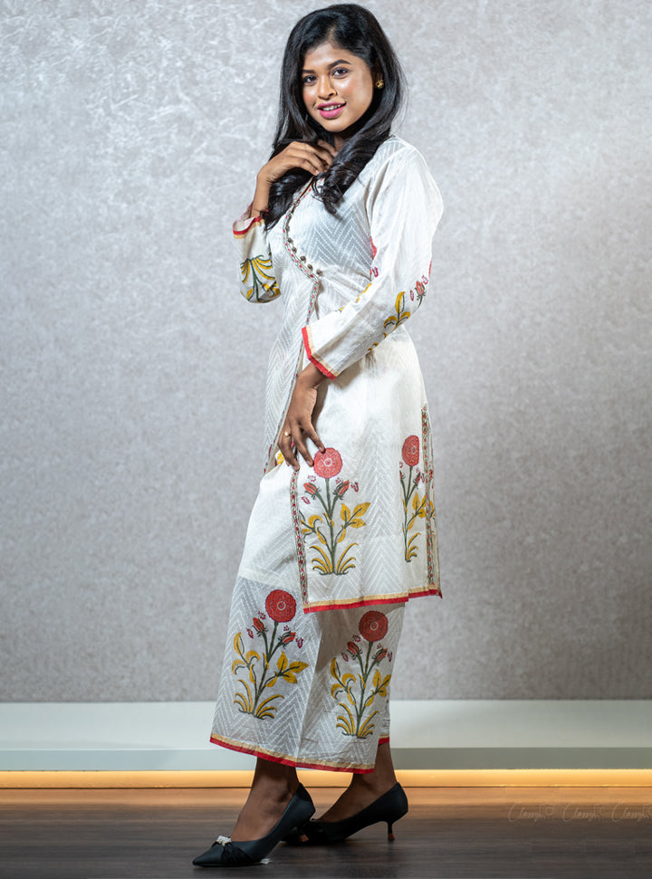 White floral printed layered kurti : Designer Collective