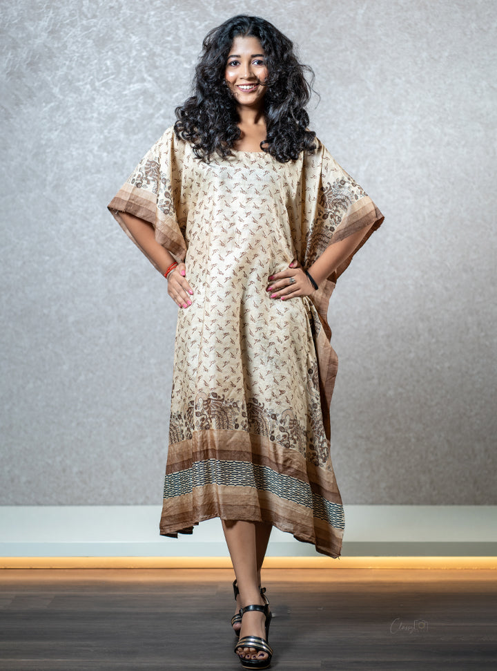Brown bird print kaftan dress : Designer Collective