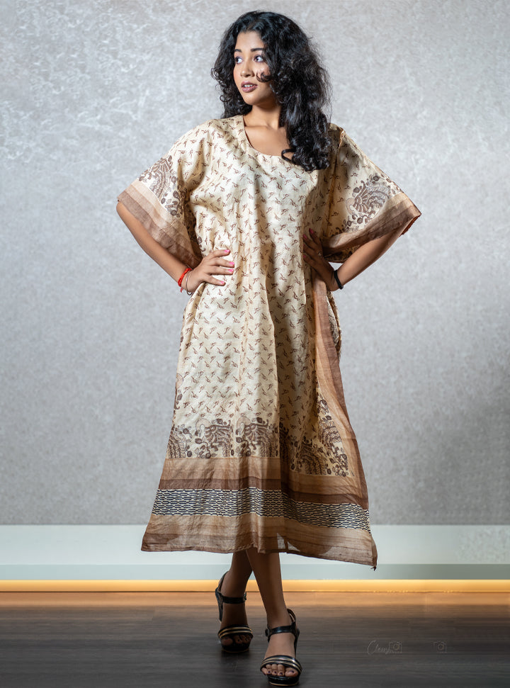 Brown bird print kaftan dress : Designer Collective
