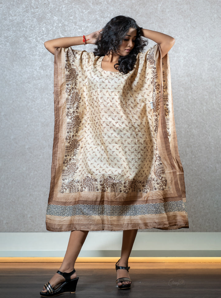 Brown bird print kaftan dress : Designer Collective