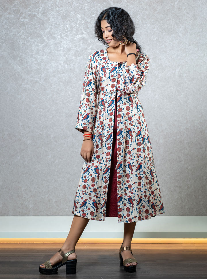White and maroon floral bird print layered kurti : Designer Collective