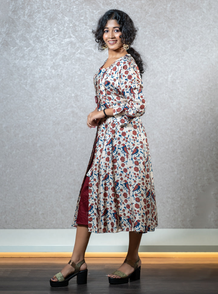 White and maroon floral bird print layered kurti : Designer Collective