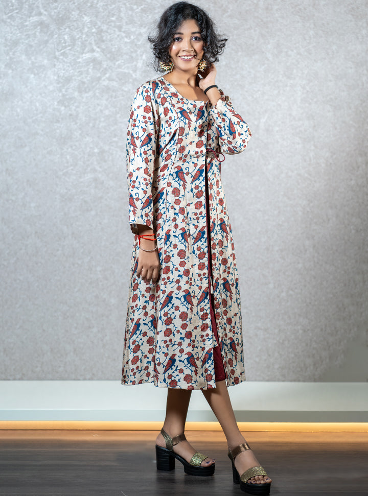White and maroon floral bird print layered kurti : Designer Collective