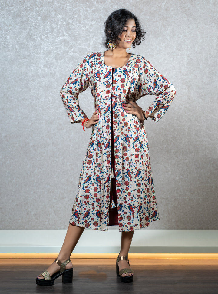 White and maroon floral bird print layered kurti : Designer Collective