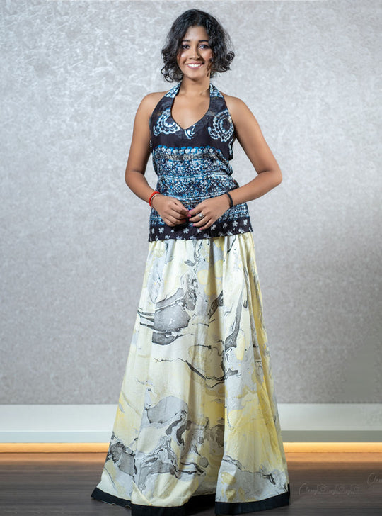 Blue & white printed halter neck top-long skirt set : Designer Collective