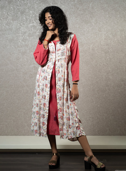 White and red floral printd long dress : Designer Collective