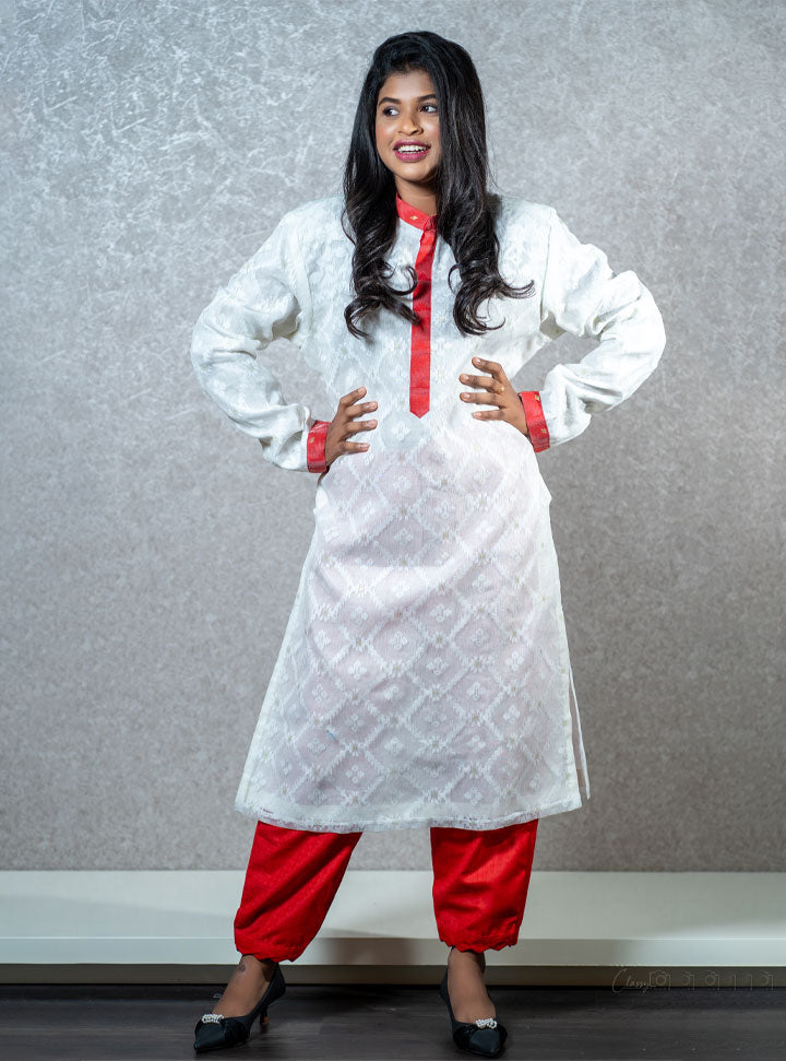 White & red full sleeve long kurti set : Designer Collective