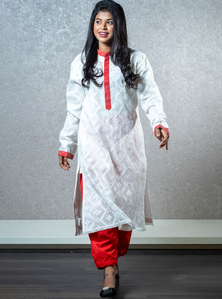 White & red full sleeve long kurti set : Designer Collective