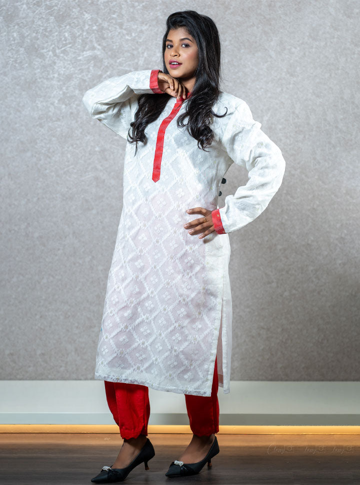 White & red full sleeve long kurti set : Designer Collective