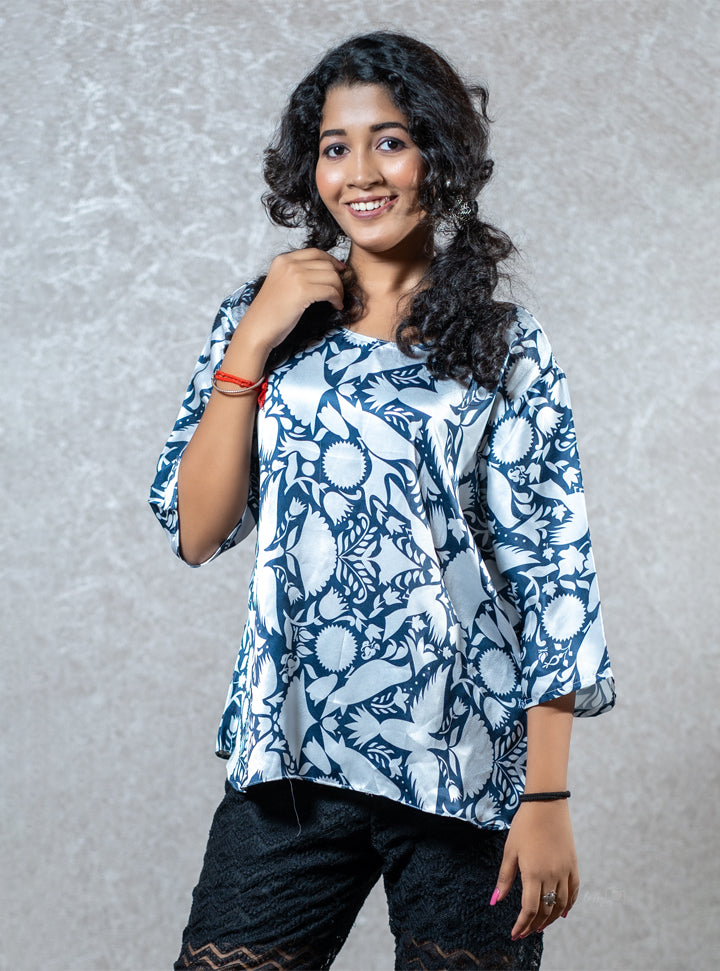 Floral printed blue short kurti : Designer Collective
