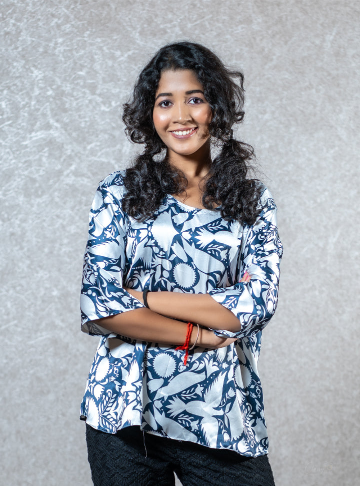 Floral printed blue short kurti : Designer Collective