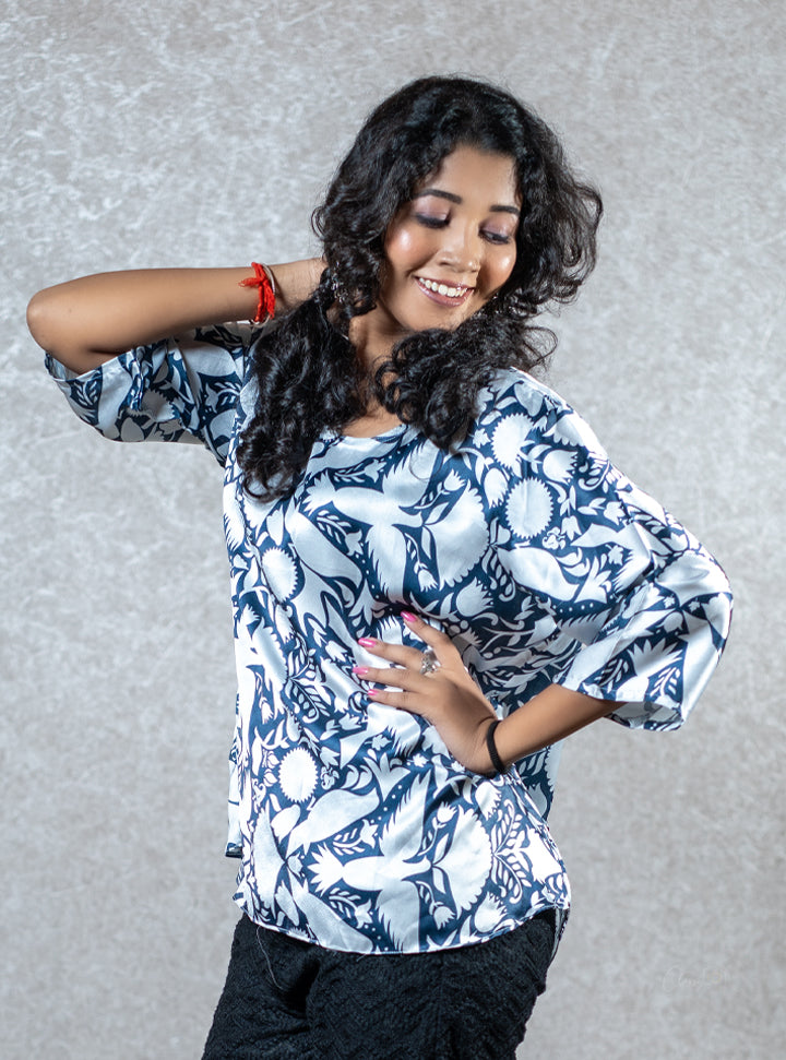 Floral printed blue short kurti : Designer Collective