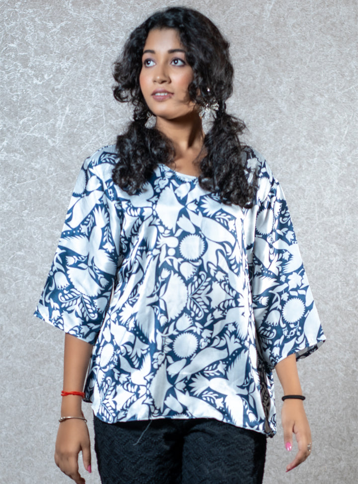 Floral printed blue short kurti : Designer Collective