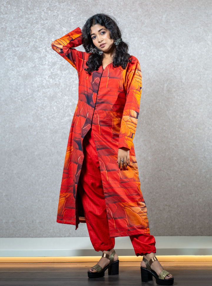 Red front cut long kurti set : Designer Collective