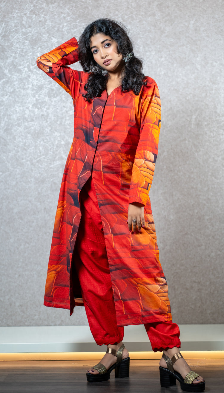 Red front cut long kurti set : Designer Collective