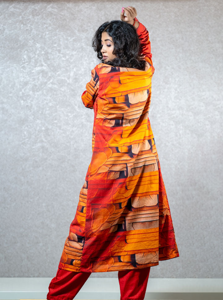 Red front cut long kurti set : Designer Collective